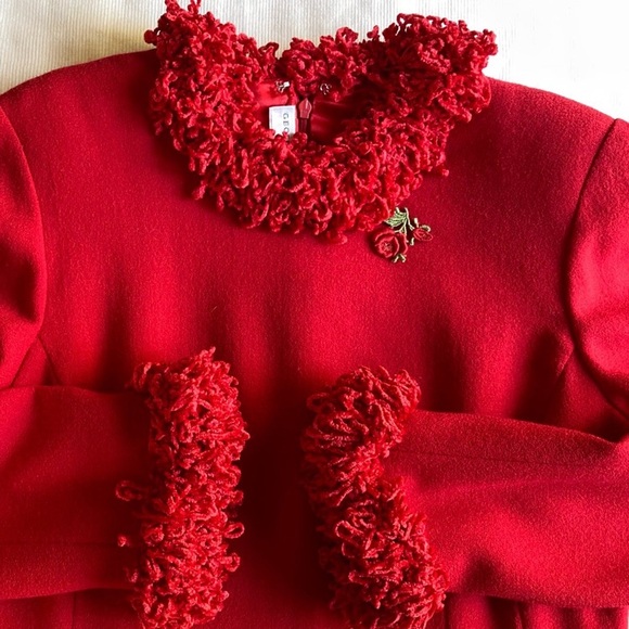 Vintage 1980s 1990s Geoffrey Beene Red Dress w Chenile fringe collar sleeve hems - Picture 4 of 10